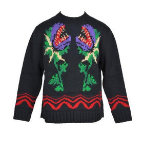 Pull-over Noir en Coton Mélangé Plante Carnivore