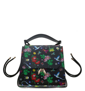 Sac à Main Noir en Cuir à Motif Floral