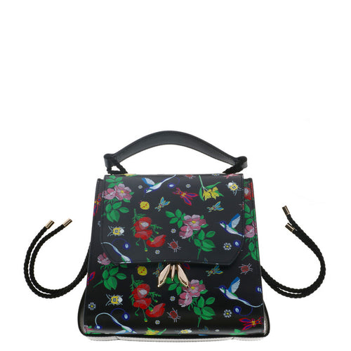 Sac à Main Noir en Cuir à Motif Floral