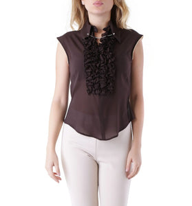 Blouse Marron en Soie avec Col à Volants